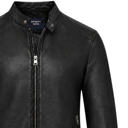 Mens Leather Black Stand Collar Cafe Racer Biker Jacket - E184