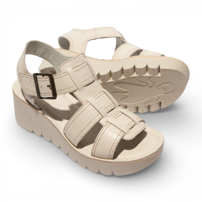Fly London Women's YUDD236FLY Off White Leather Wedge Sandals