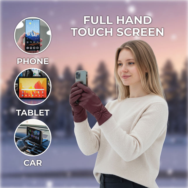 Womens Burgundy Red Italian Leather Winter Bow Design Soft Wool Lining Gloves - L-GLV-401