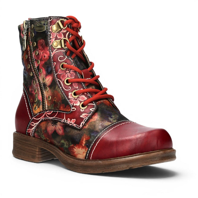 Laura Vita Women's Red Floral Victorian Leather Lace-up Ankle Boots - Anitao - 11