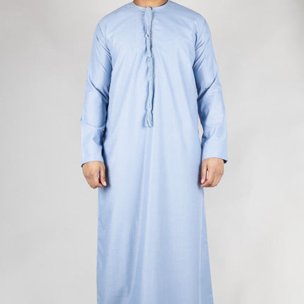 Men's Blue Thobe Emirati Islamic Jubba Robe Eid Tassel Regular Fit
