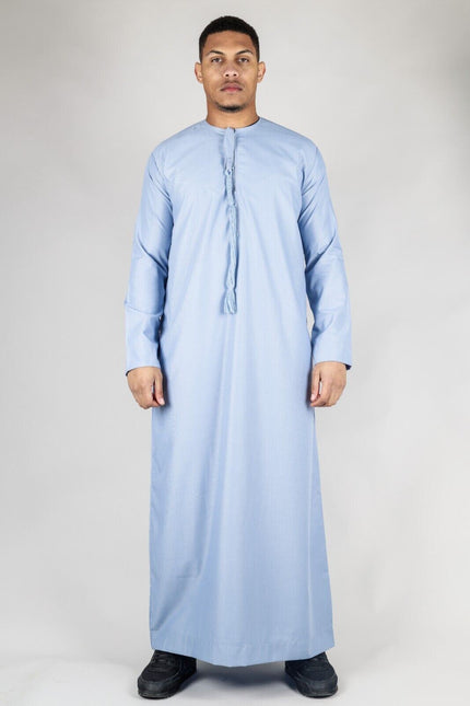 Men's Blue Thobe Emirati Islamic Jubba Robe Eid Tassel Regular Fit