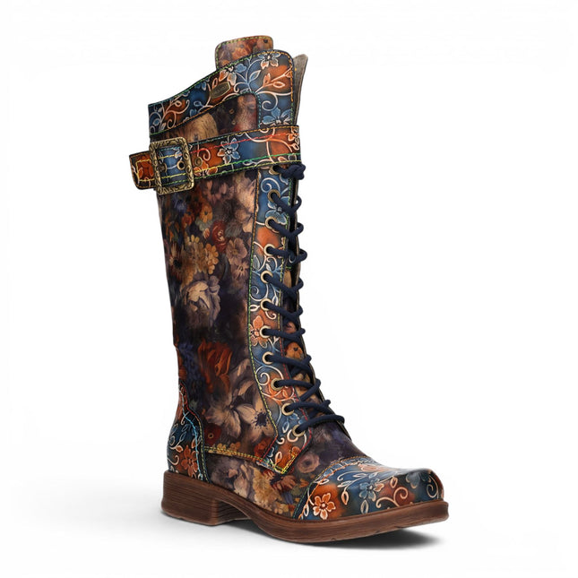 Laura Vita Women's Blue Floral Victorian Leather High Combat Long Boots - Anitao-21
