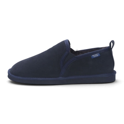 Men's Navy Blue Genuine Sheepskin Suede Slipper Winter Moccasins - Cedar