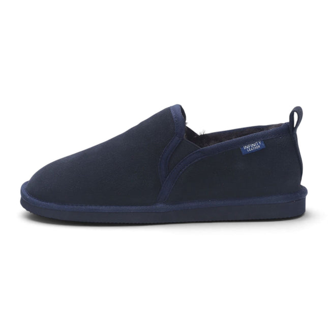 Men's Navy Blue Genuine Sheepskin Suede Slipper Winter Moccasins - Cedar