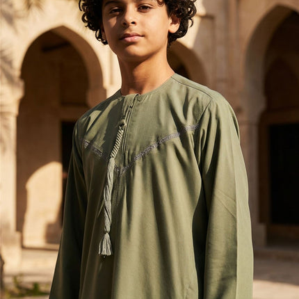 Kids Boys Ramadan Eid Olive Green Moroccan Jubba Robe Djellaba Thobe - K-TT008