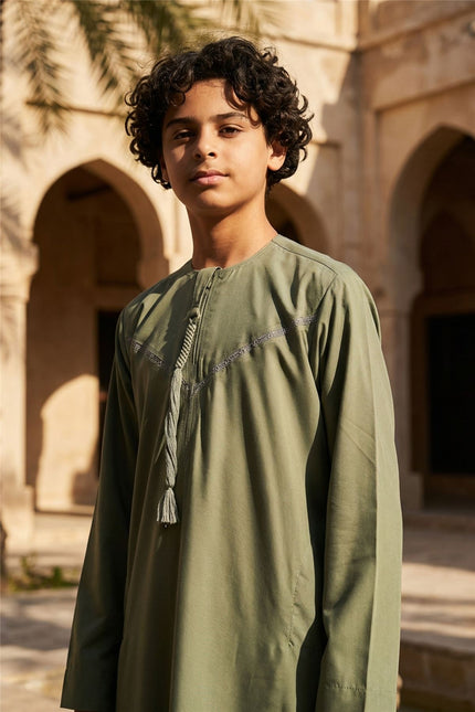 Kids Boys Ramadan Eid Olive Green Moroccan Jubba Robe Djellaba Thobe - K-TT008