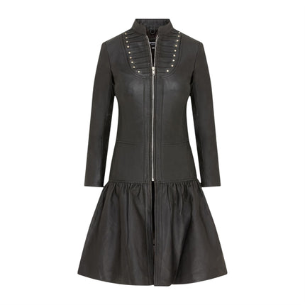 Womens Goth Black Leather Victorian Studded Flare Coat- Ribet