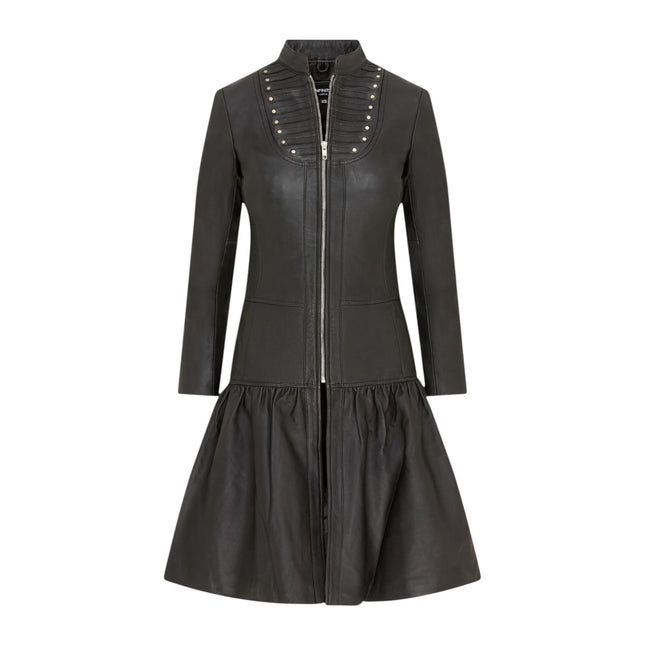 Womens Goth Black Leather Victorian Studded Flare Coat- Ribet