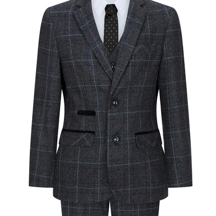 Boys 3 Piece Charcoal Grey Tweed Check Vintage Retro Suit