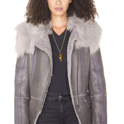 Womens Grey Toscana Shearling Flying Jacket-Teresina