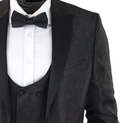 Mens Black Tuxedo Blazer Waistcoat Brocade Satin Paisley Formal Dinner Jacket