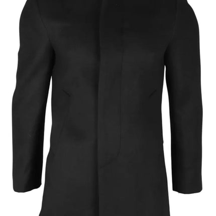 Men's Black Stand Collar Wool Blend Overcoat