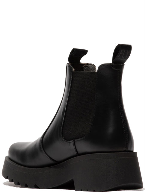 Fly London Womens Black Medi789 Wedged Chelsea Ankle Leather Platform Boots