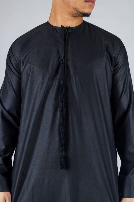 Men's Black Thobe Emirati Islamic Jubba Robe Eid Tassel Slim Fit