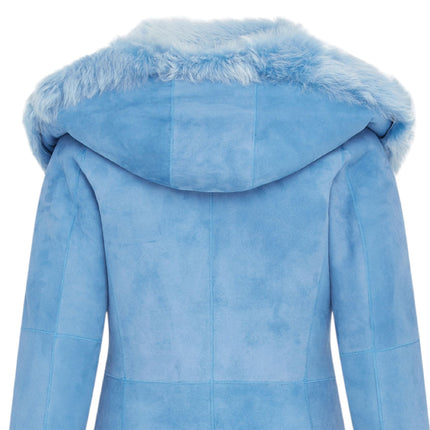 Womens Blue Toscana Sheepskin Suede Leather Hooded Trench Coat - Aura