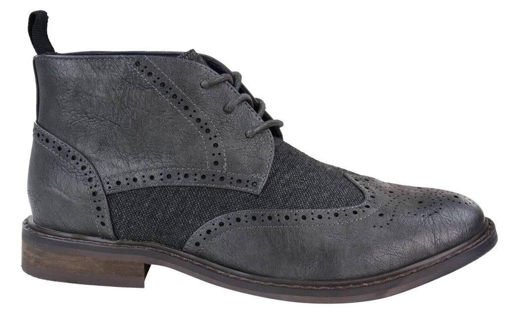 Mens Classic Tweed Oxford Brogue Ankle Boots In Grey Leather