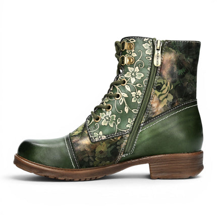 Laura Vita Women's Green Floral Victorian Leather Lace-up Ankle Boots - Anitao - 11