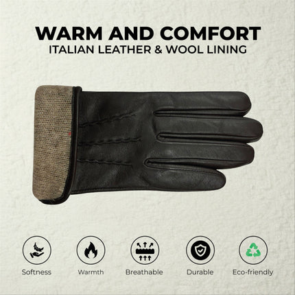 Womens Brown Italian Leather Winter Stitch Line Design Soft Wool Lining Gloves - L-GLV-301
