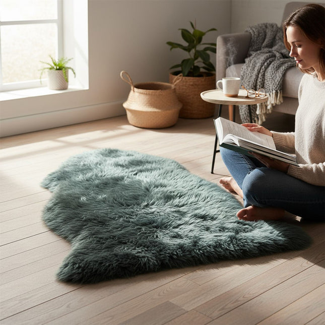 Genuine Thyme Green Sheepskin Natural Silky Soft Fluffy Real Wool Rug