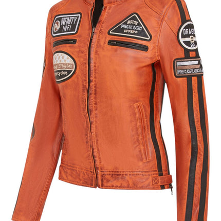 Womens Biker Racing Badges Leather Jacket-Eastleigh
