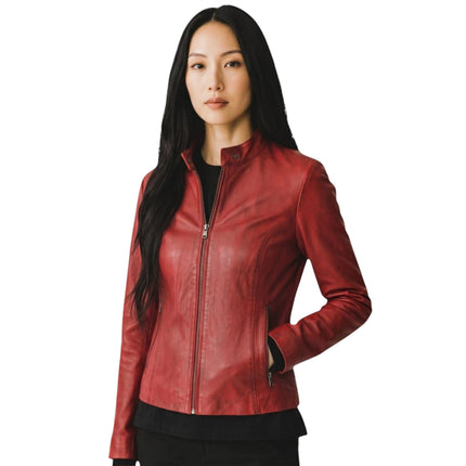 Womens Red Leather Stand Collar Racer Biker Jacket - 181