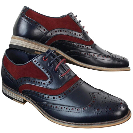 Mens Classic Burgundy Suede Oxford Brogue Shoes In Navy Leather