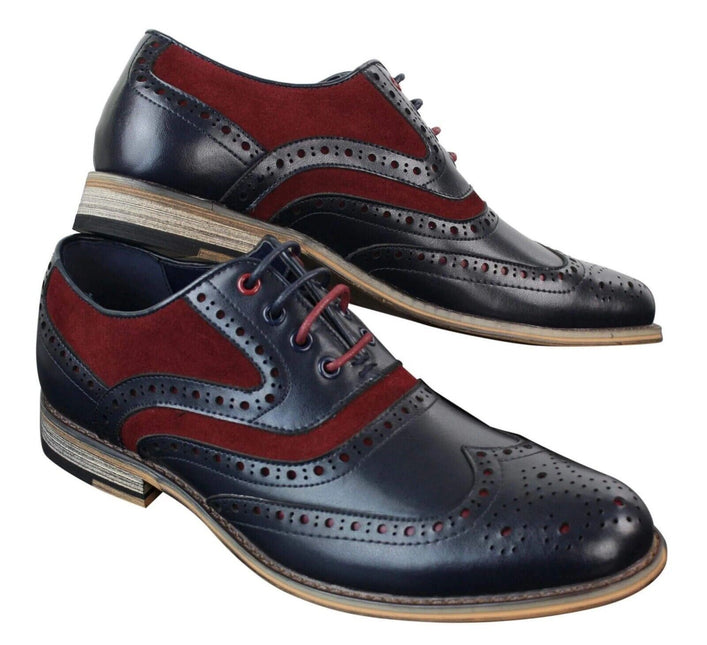 Mens Classic Burgundy Suede Oxford Brogue Shoes In Navy Leather