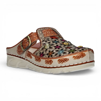 Laura Vita Women’s Dorry 01 Floral Beige Leather Wedge Slipper Sandals