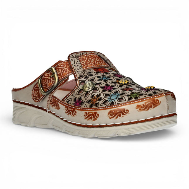 Laura Vita Women’s Dorry 01 Floral Beige Leather Wedge Slipper Sandals