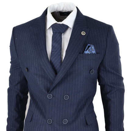 Mens Double Breasted Navy Blue Suit 2 Piece 1920s Pinstripe Peaky Blinders