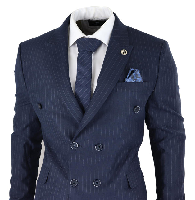 Mens Double Breasted Navy Blue Suit 2 Piece 1920s Pinstripe Peaky Blinders
