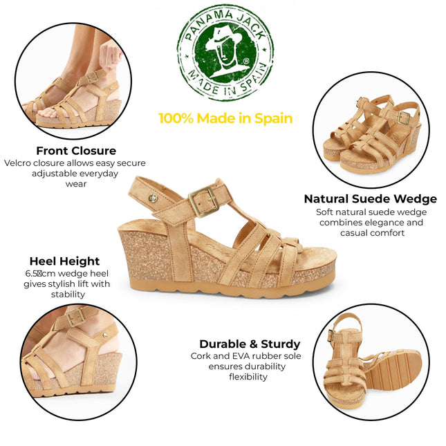 Panama Jack Women's Wedge Heel Bark Brown Suede Leather Sandals - Vero B1