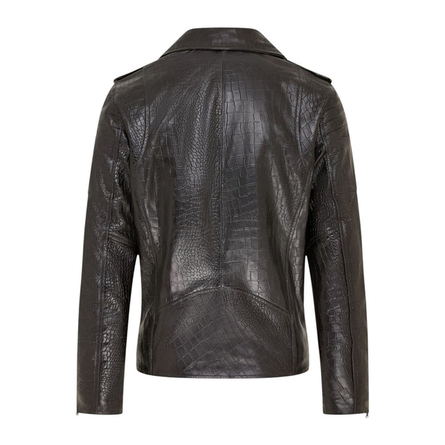 Mens Black Cow Leather Alligator Print Embossed Biker Jacket - Rot
