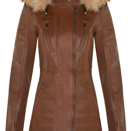 Womens Slim Fit Leather Hooded Parka Jacket-Northam