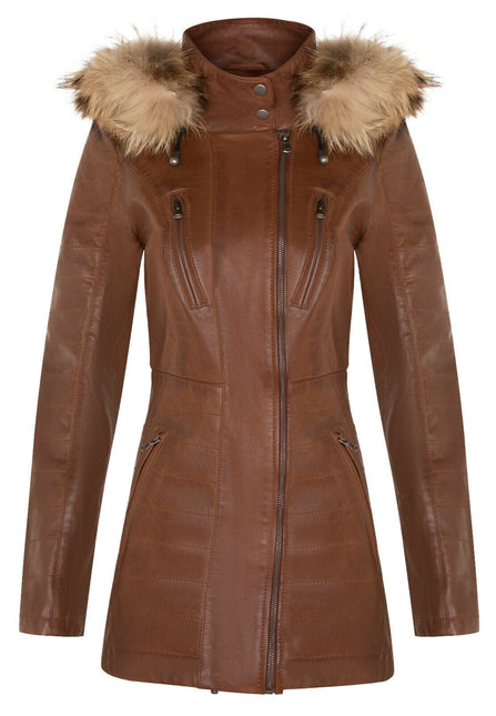 Womens Slim Fit Leather Hooded Parka Jacket-Northam