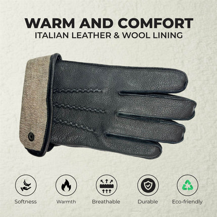 Men’s Black Italian Leather Warm Wool-Lined Winter Gloves - M-LGV-505