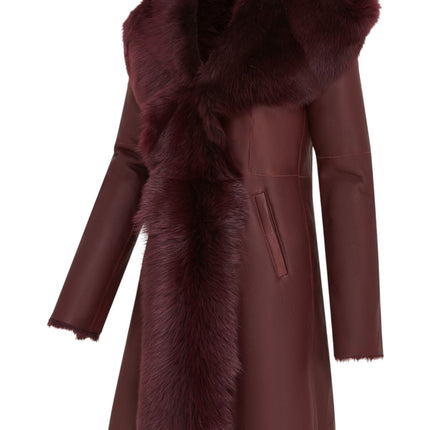 Womens Burgundy Red Toscana Sheepskin Leather Hooded Trench Coat - Coast