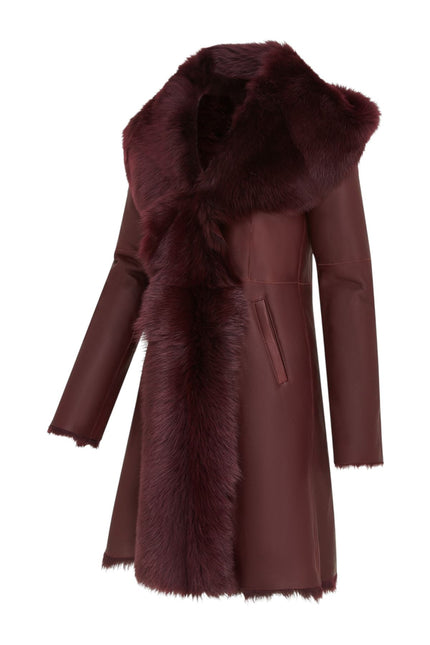 Womens Burgundy Red Toscana Sheepskin Leather Hooded Trench Coat - Coast