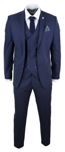Men's 3 Piece Navy Blue Pinstripe Retro Suit