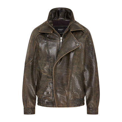 Womens Brown Cow Leather Biker Blouson Oversized Jacket - Big Bomber