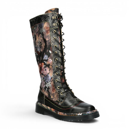 Laura Vita Women's Maroon Gothic Victorian Floral Black Leather Knee-High Lace-Up Boots - Incaso-50