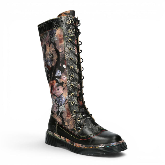 Laura Vita Women's Maroon Gothic Victorian Floral Black Leather Knee-High Lace-Up Boots - Incaso-50