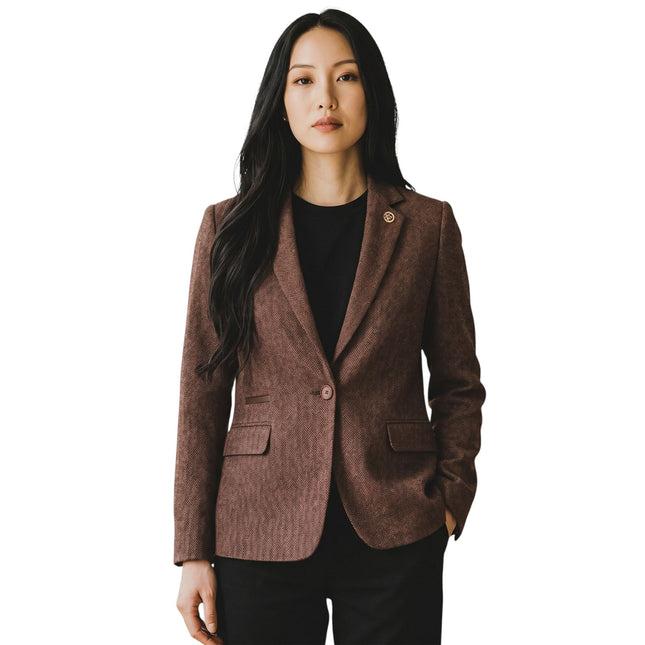 Women's Rust Brown Wool Tweed Herringbone Check Blazer - WS-1