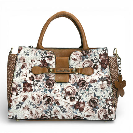 Laura Vita Ayna-02 Womens Tan Floral Print Adjustable Straps Shoulder Tote Handbag