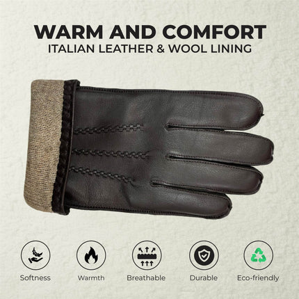 Men’s Brown Italian Leather Warm Wool Lining Winter Stich Design Gloves - M-LGV-205
