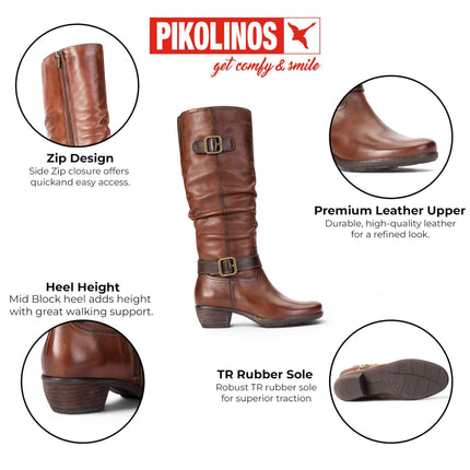 Pikolinos Women's Brown Leather Heel Knee-High Long Boots - Utiel
