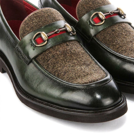 Justin Reess Men's Green Leather Herringbone Tweed Loafer Shoes - Tristian