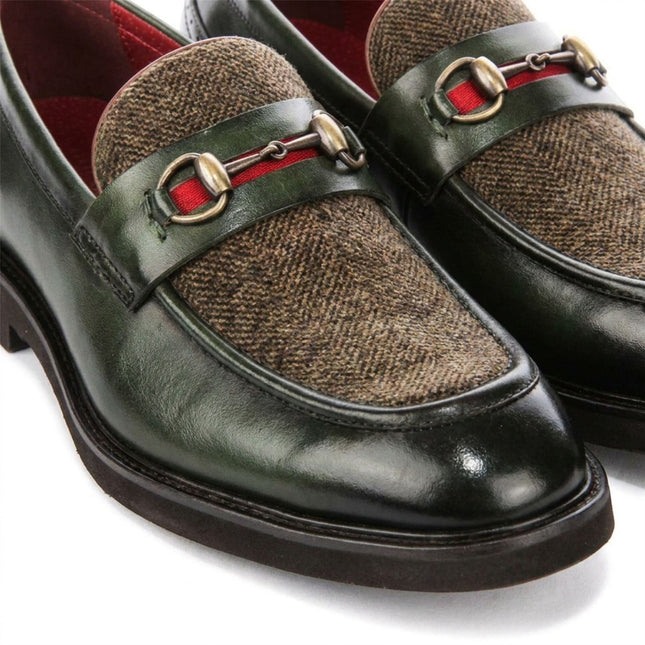 Justin Reess Men's Green Leather Herringbone Tweed Loafer Shoes - Tristian