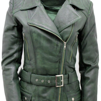 Womens Long Leather Biker Jacket-Quito